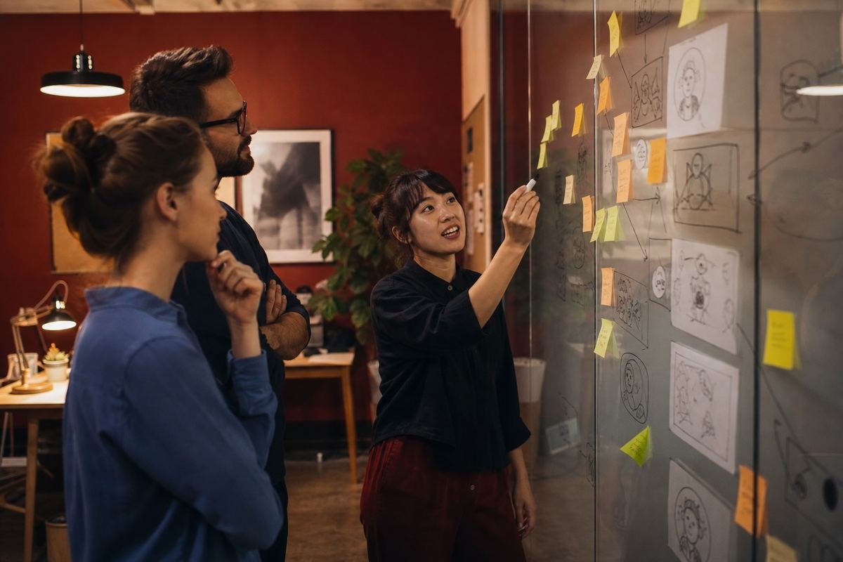 Kreativteam entwickelt gemeinsam ein Videokonzept an einem Whiteboard mit Skizzen
