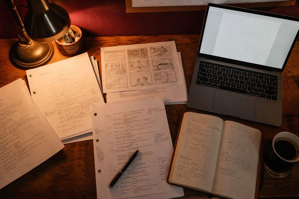 Drehbuchseiten und Storyboard-Skizzen auf einem Schreibtisch