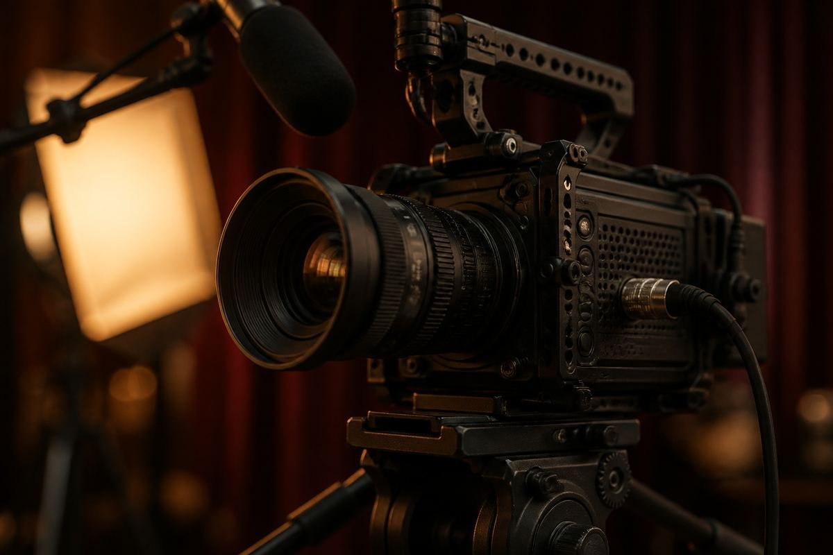 Professionelle Kameraausrüstung und Lichtsetup bei einer Filmproduktion