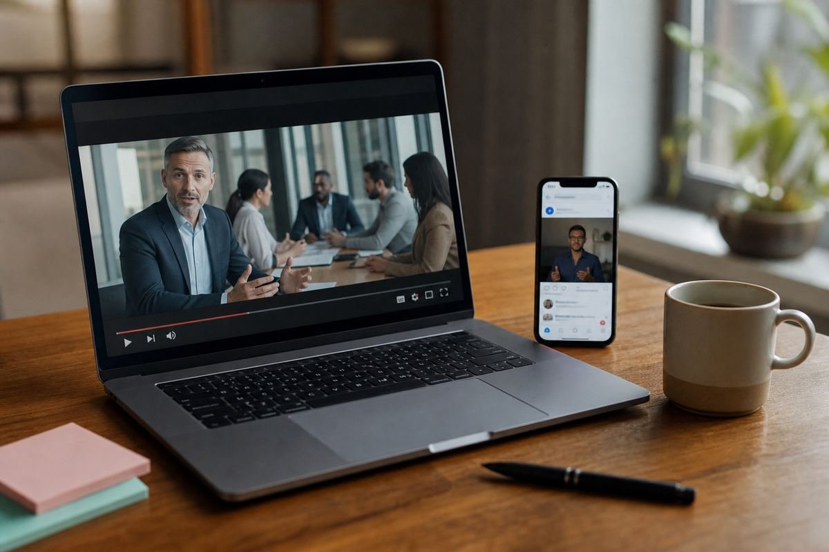 Firmenvideo wird auf Laptop und Smartphone in Website und sozialen Medien wiedergegeben