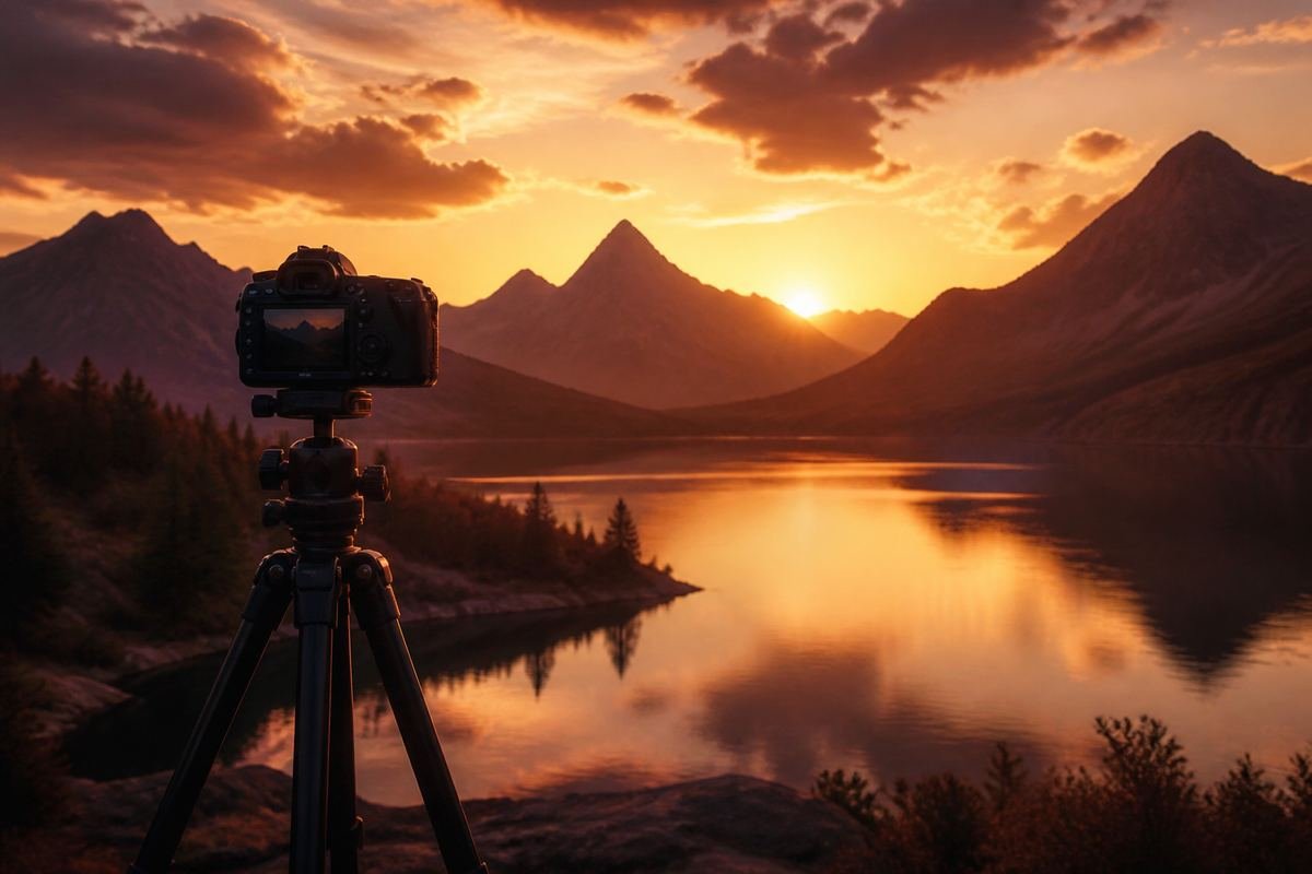 Kamera auf einem Stativ vor einer Berglandschaft im goldenen Abendlicht als Inspirationsquelle