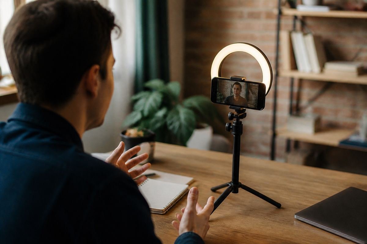 Eigenständiger Videodreh mit Smartphone und Ringlicht im Homeoffice