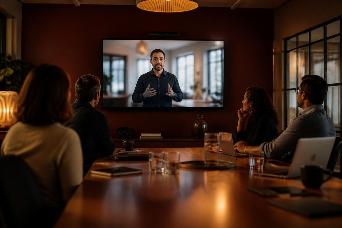Team schaut sich gemeinsam eine Videopräsentation im Meetingraum an