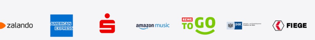Logos unserer Kunden: Zalando, American Express, Sparkasse, Amazon Music, REWE To Go, IHK Frankfurt am Main, FIEGE