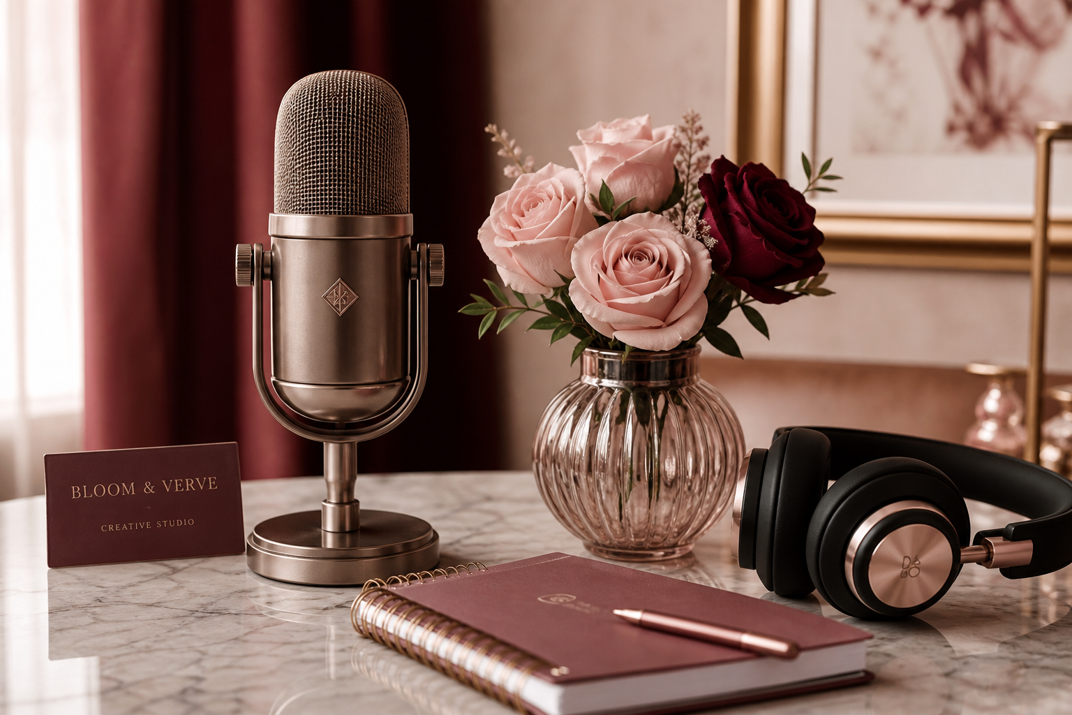 Professionelles Recording-Setup mit Mikrofon und Rosen